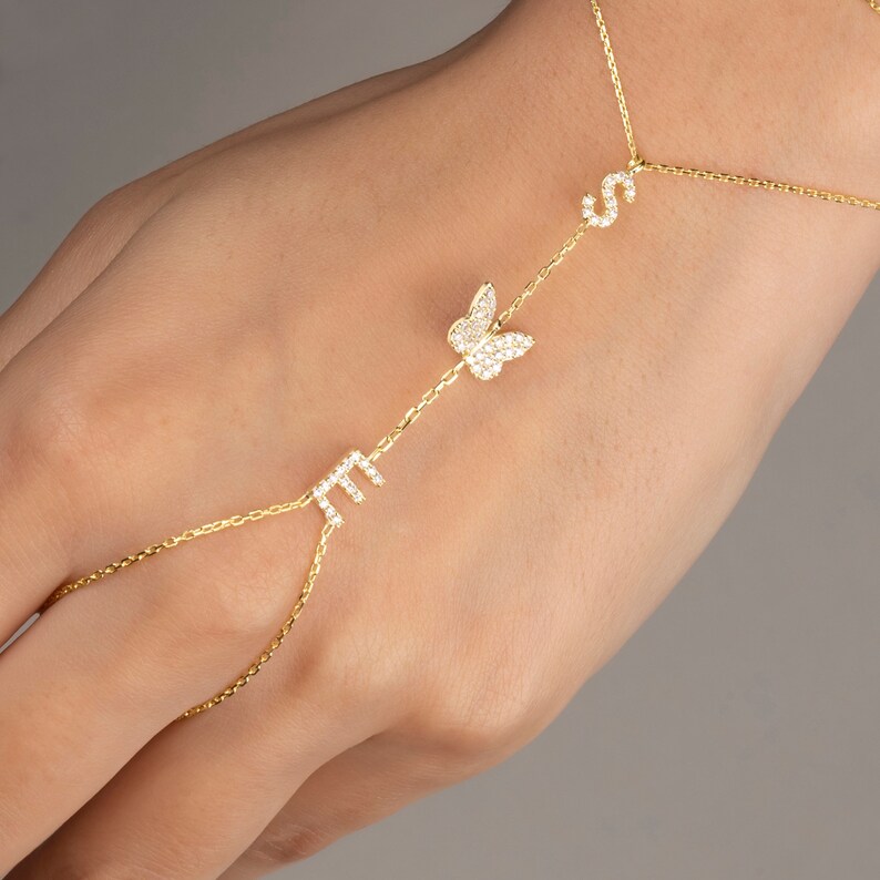 Hand Chain Bracelet Silver Hand Chain Butterfly Initial Etsy