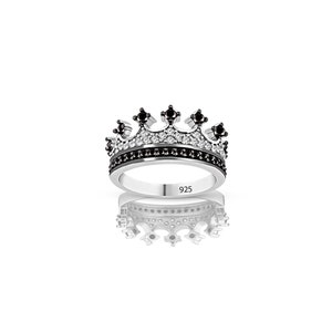 Queen Crown Silver Ring, Handmade Black Stone Crown ring, King Queen Silver Ring, Promise Silver Stone Ring, Black Stone Wedding Ring