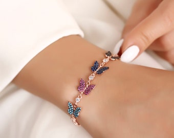 Butterfly Bracelet, Silver Butterfly Bracelet, Colorful Bracelet, Minimal Cute Animal Figure Bracelet, Colorful Zircon Stone Bracelet