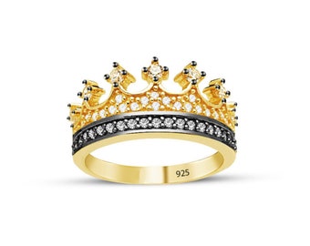 Black and Gold Crown Ring, Queen Crown Ring, Cz Zircon Silver Ring, Wedding and Promised Band, Wedding Rings, Sterling Silver Ring