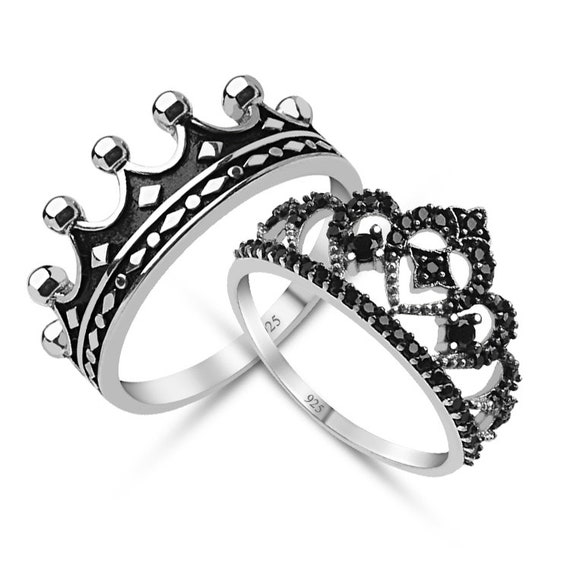King And Queen Ring Set Queen Crown Ring Cz Silver Ring Wedding Band Silver King Ring Wedding Rings Stone King Ring Black Stone Ring