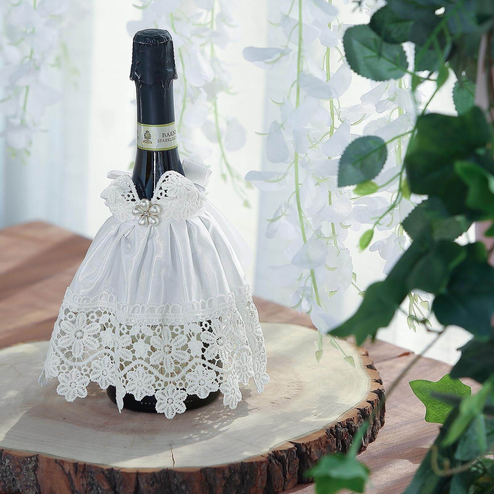 8 in Long White Dress Floral Satin Ribbon Wine Koozie Bottle Cover