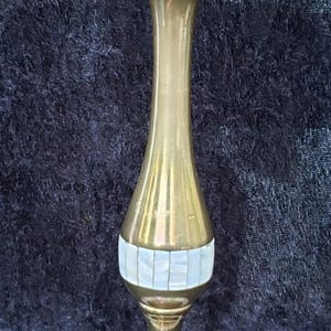 Vintage Single Candlestick Holder Brass w/ Mother of Pearl inlay 9.5&quot;x3&quot; JB-25