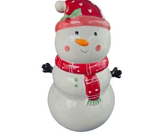 11x7 Snowman Cookie Jar by Holiday Time Ceramic Adorable! White Red