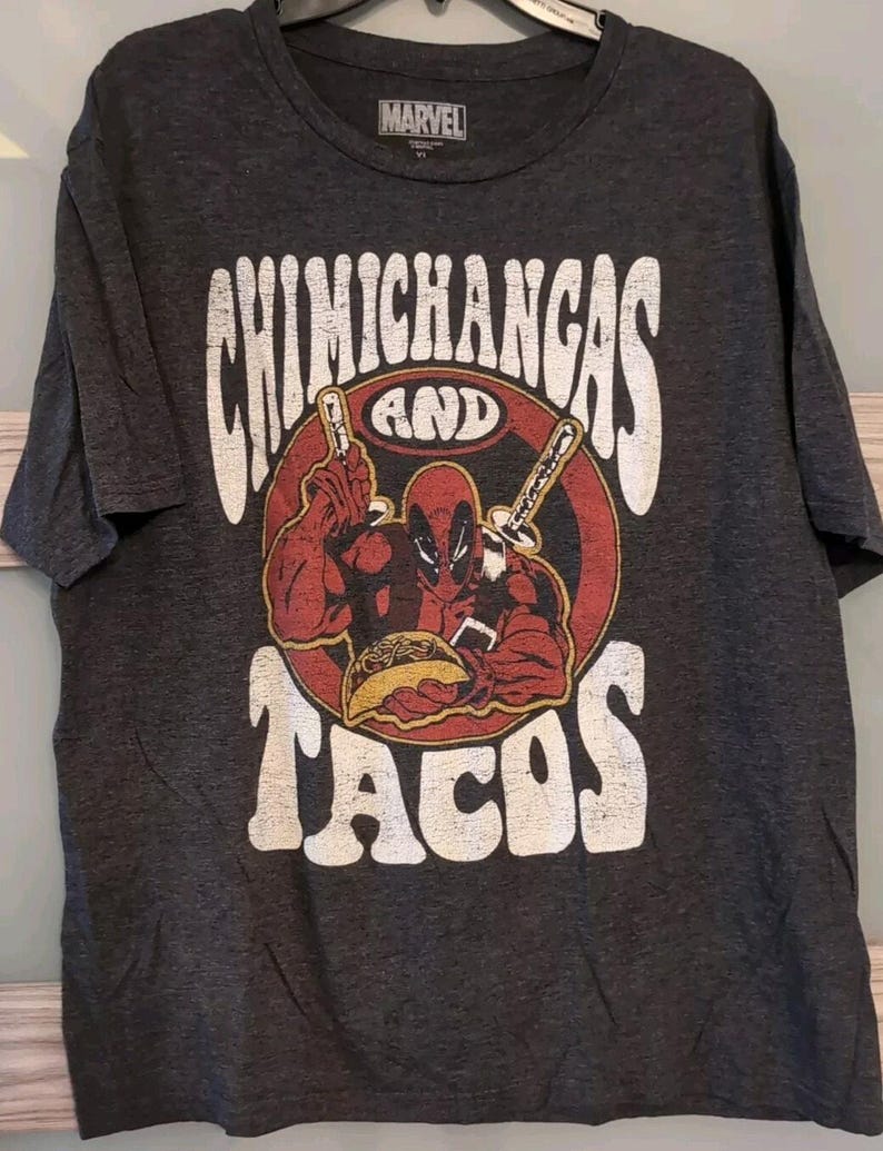 Camiseta vintage Marvel XL gris con chimichangas y tacos, con queso, 117 cm, Deadpool B62 imagen 1