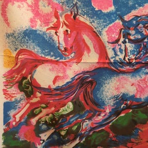 Stunning Sassu Silk Scarf Square 34" Horses Vintage 70s Italy Rolled Edges D66