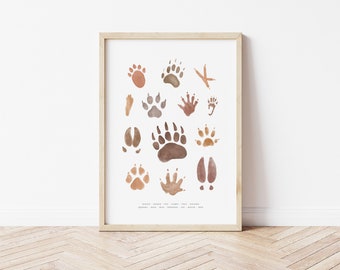 Animal Track Print, Woodlands, Footprints of the Woodland Printable, Nursery Decor, Watercolor Animal Tracks, Montessori, Illustration