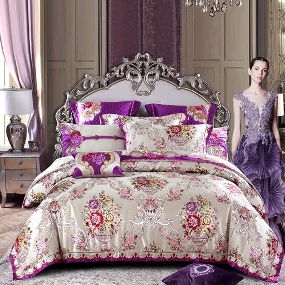 Silver Golden King Queen Silk Satin Cotton Luxury Bedding Set 