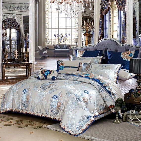 Silver Golden King Queen Silk Satin Cotton Luxury Bedding Set 