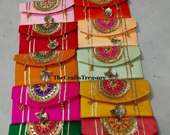 Lot of 5 to 100 Pcs Women's Hand Stitched Gota Work Applique Fabric Envelope Clutch, Indian Wedding Gifts, Wedding Favours, Return Gifts