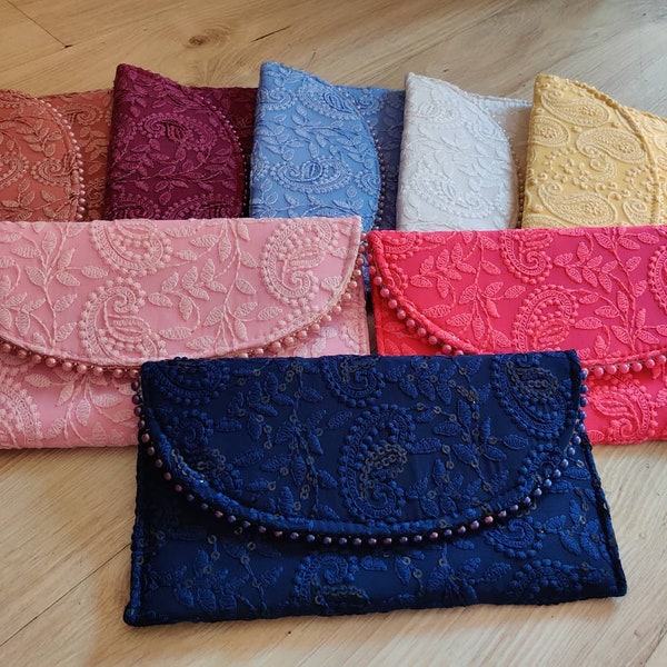 5 To 100 Pcs Lot Indian Handmade Women's Chikan Embroidered Clutch Purse , Bridal Matching Bag, Fabric Envelope Clutch purse , Return Gift