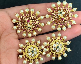 3.3 cm diameter big kempu Gold stud Earrings /India stud pasa Earrings/Indian jewelry/Pakistani Jewelry/Pearl Studs/CZ stones stud Earrings