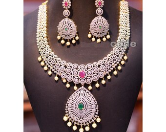 ADCZ Necklace Set AD Necklace Set With Earrings Cz Bridal Necklace Bridesmaid Gift Jewelry Indian Jewelry Wedding Jewelry Indian Chic