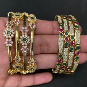 CZ stone gold bangles/India 4 set bangles/Ruby 2.6 size bangles/emeralds wedding bangles/stone bangle bracelet/South India bridal bangles