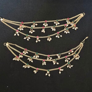 Bridal Ear chains/2 layer Kaan Chains/3 layer Earrings Chain/Gold imitation Multiple jhumka hanging/CZ Sahare/Bahubali Earrings/Kaan Saharas