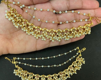 Pearls Bridal Earchain/India gold ear chains/Bahubali Earrings chains/ Kaan Saharas/Kaan Chains/heavy wedding ear chain/CZ Pearls ear chains