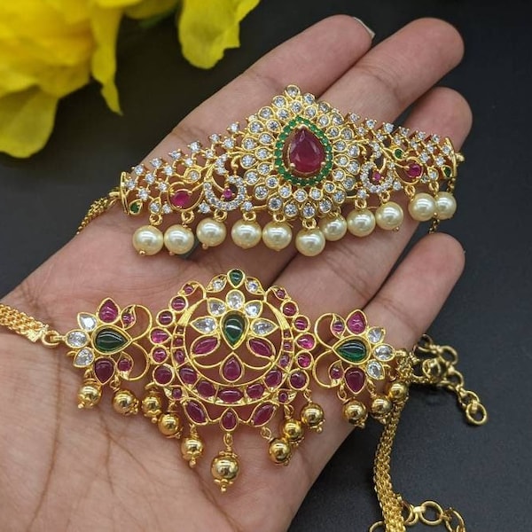 Real kempu bajubandh/CZ vnaki/Antique Vanki/India wedding jewelry/Party wear Arm bandh/gold Cz armband/Ananta/Angada/kempu choker com armlet