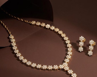 Modern CZ Necklace Set | Gold-Plated Indian Bridal Jewelry | Wedding Statement Piece | Adjustable Choker Haar Earrings