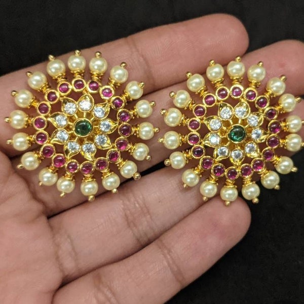 3.3 cm diameter big kempu Gold stud Earrings /India stud pasa Earrings/Indian jewelry/Pakistani Jewelry/Pearl Studs/ large CZ stud Earrings