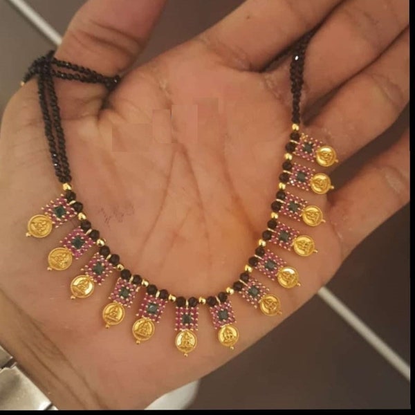 Gold laxmi balck beads/16" short black beads necklace/one gram gold CZ nallapoosalu/ruby CZ black bead chain/South India black bead necklace