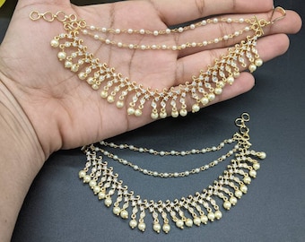 CZ stone India Bridal Ear chain/Pearl Kaan Chain/Earrings Chain/Gold imitation 3 layers earchain/Sahare/Bahubali Earrings/Saharas/khan chain