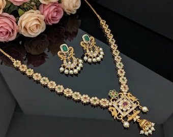 Gold Plated CZ Necklace Set | Elegant Floral Indian Bridal Jewelry | Rose Gold Wedding Set | Cubic Zirconia Choker Earrings