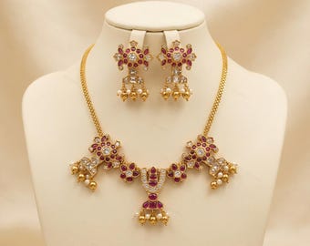 Gold Plated Kempu Venkateswara Temple Necklace Set | South Indian Bridal Jewelry | Ruby Emerald Wedding Choker Haar