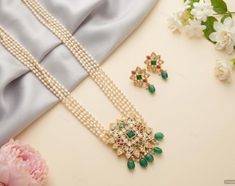 24" Pearl Navaratna Necklace Set with Earrings