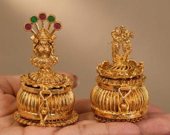 Gold Plated Kempu Sindoor Box | Lakshmi & Krishna Designs | Traditional Kumkum Box for Pooja | Wedding Gift