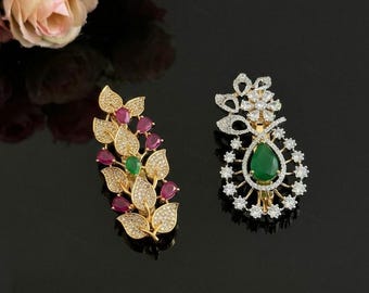 CZ Stone Gold Plated Saree Pin Brooch