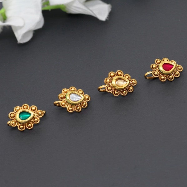 Kundan Nose Ring, Non-Piercing clip On Nosering, Nose Cuffs, Fake Nose Ring, Nose studs, Indian nose ring, Gold Nose pin, Nose Ring