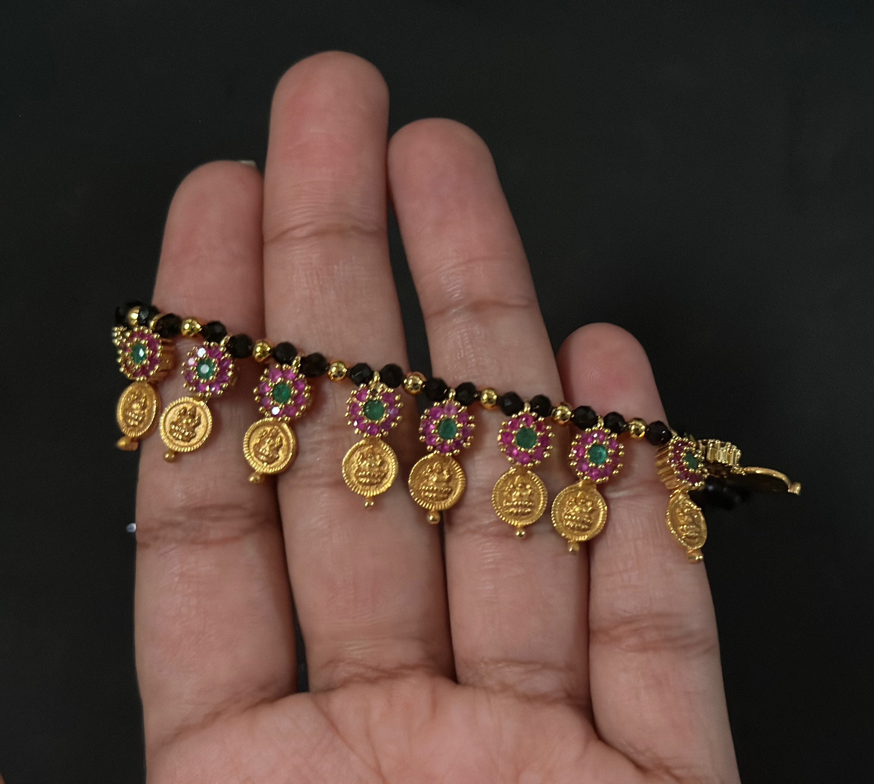 Gold laxmi balck beads 16 short Black beads necklace one gram gold CZ nallapoosalu ruby CZ Black bead chain South India Black bead necklace