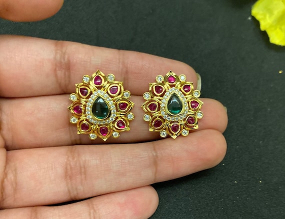 Oringal Kempu Jewellery Silver with Gold Polish Ear stud Jewellery South  India Earrings Buy Now