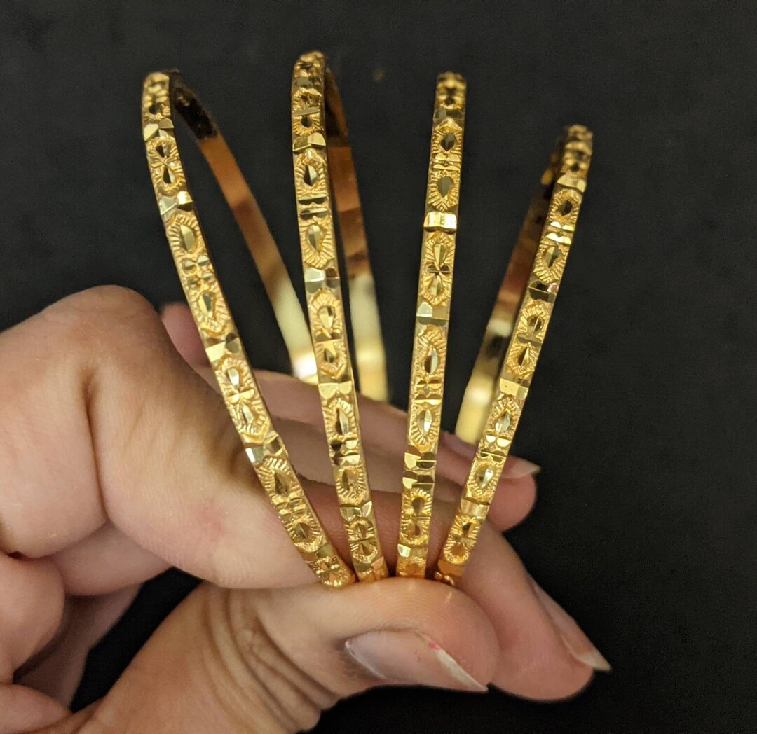thumbnail image 2 of Vintage 22k Gold Plated Indian Bangle Set (4 Pieces) - Handmade Brass, Stackable 2 of 5