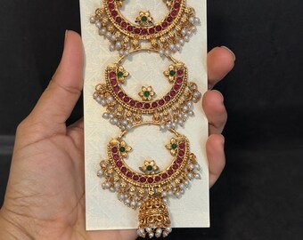 Gold plated lakshmi Hair pins/Hair bun vein pin/India hair clip/CZ Laxmi gold hair clips/kempu pearl gold hair juda pins/chandbali hair pin