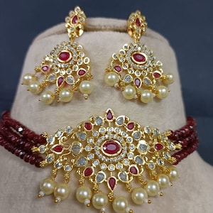 Indien Gold Halskette Set/Gold Perlen Halskette Set/Indien Frauen Choker/Perlen Halskette/CZ Halskette Set/Tempel Schmuck/Südindisch Schmuck