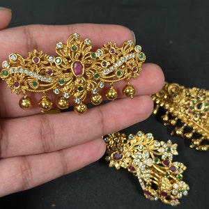 Enchanting Indian Gold Peacock and Flower Design Hair Clips - Captivating Beauty for Your Hairstyle- CZ gold polish traditional hair clip