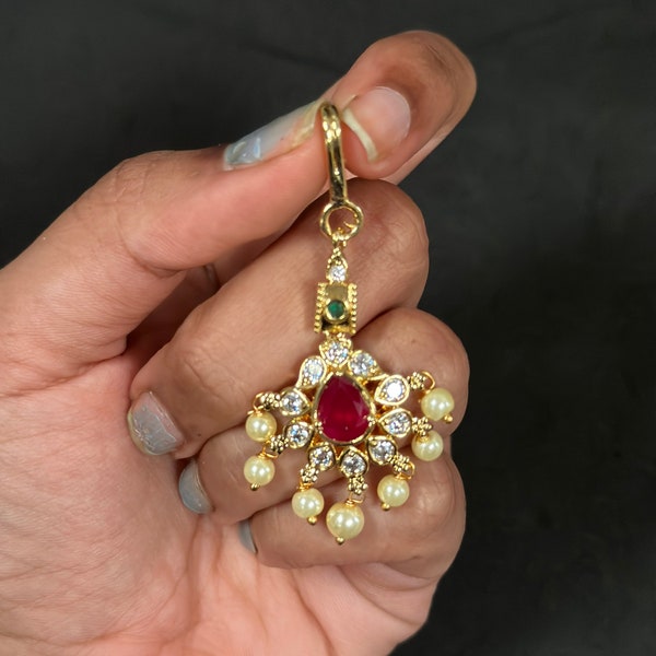 Exquisite Indian Gold-Polished CZ and Ruby Stones Small Size Maang Tikka - Timeless Elegance and Radiant Beauty - traditional pearl tikka