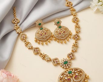 Antique Gold CZ & Kemp Stone Necklace Set | Indian Bridal necklace