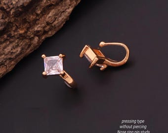 Nose Ring, Non-Piercing clip On Nose ring, Nose Cuffs, rhombus shape stone Nose Ring, Nose studs, Indian nose ring, Rose Gold CZ Nose pin