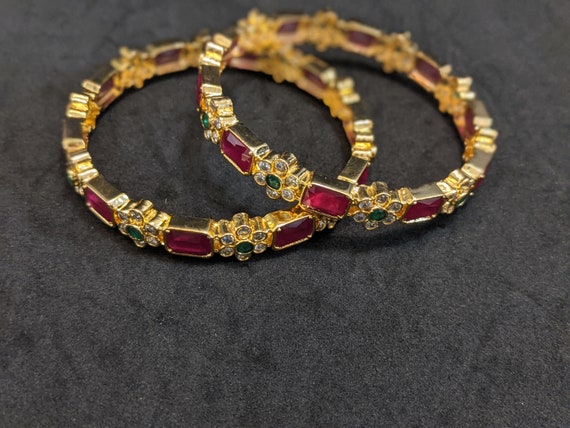 Ruby CZ Gold Plated Bangles set of 2 Bangles 2.4 2.6 2.8 Wedding