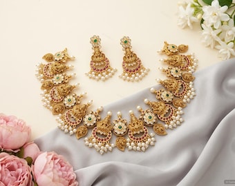 Gold Matt Guttapusalu Necklace Set with Kemp Stones &amp; Pearls