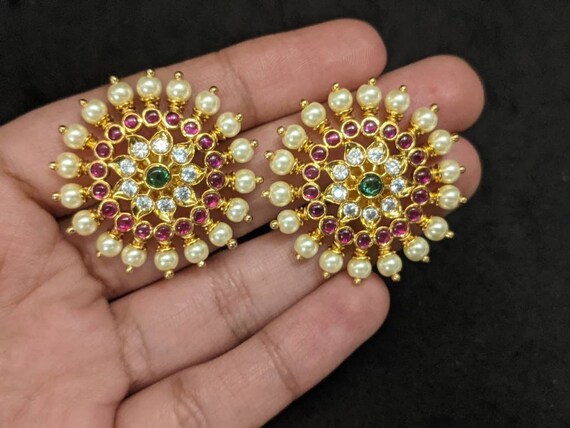 3.3 Cm Diameter Big Kempu Gold Stud Earrings /india Stud Pasa Earrings/indian  Jewelry/pakistani Jewelry/pearl Studs/ Large CZ Stud Earrings - Etsy