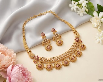 Gold Plated Kempu Kante Temple Necklace Set | South Indian Bridal Jewelry | Ruby Emerald Wedding Haar Earrings