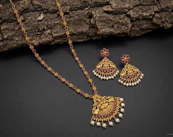 Antique Matte Gold finished goddess Lakshmi necklace set with kemp stones / Indian bridal jewelry/ Temple jewelry/one gram gold necklace set
