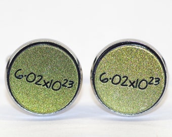 Chemistry cufflinks; gift for scientist or teacher; science jewellery; gold sparkle; stainless steel; for researcher; diamond, atom, mole