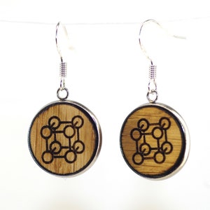 Chemistry earrings; gift for scientist, researcher or teacher; science jewellery; oak or mahogany wood; 925 sterling silver; diamond, atom