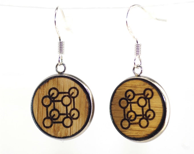 Chemistry earrings; gift for scientist, researcher or teacher; science jewellery; oak or mahogany wood; 925 sterling silver; diamond, atom