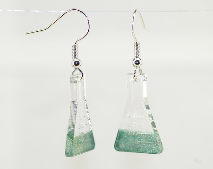 Conical flask earrings; gift for scientist or teacher; science, chemistry, glassware jewellery; potion in Erlenmeyer; for geek, researcher