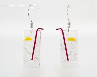 Lemonade glass earrings; Club Soda;  Cordial, Tonic; Sparkling water; Mocktail; For 18th / 21st birthday; 925 sterling silver hooks option